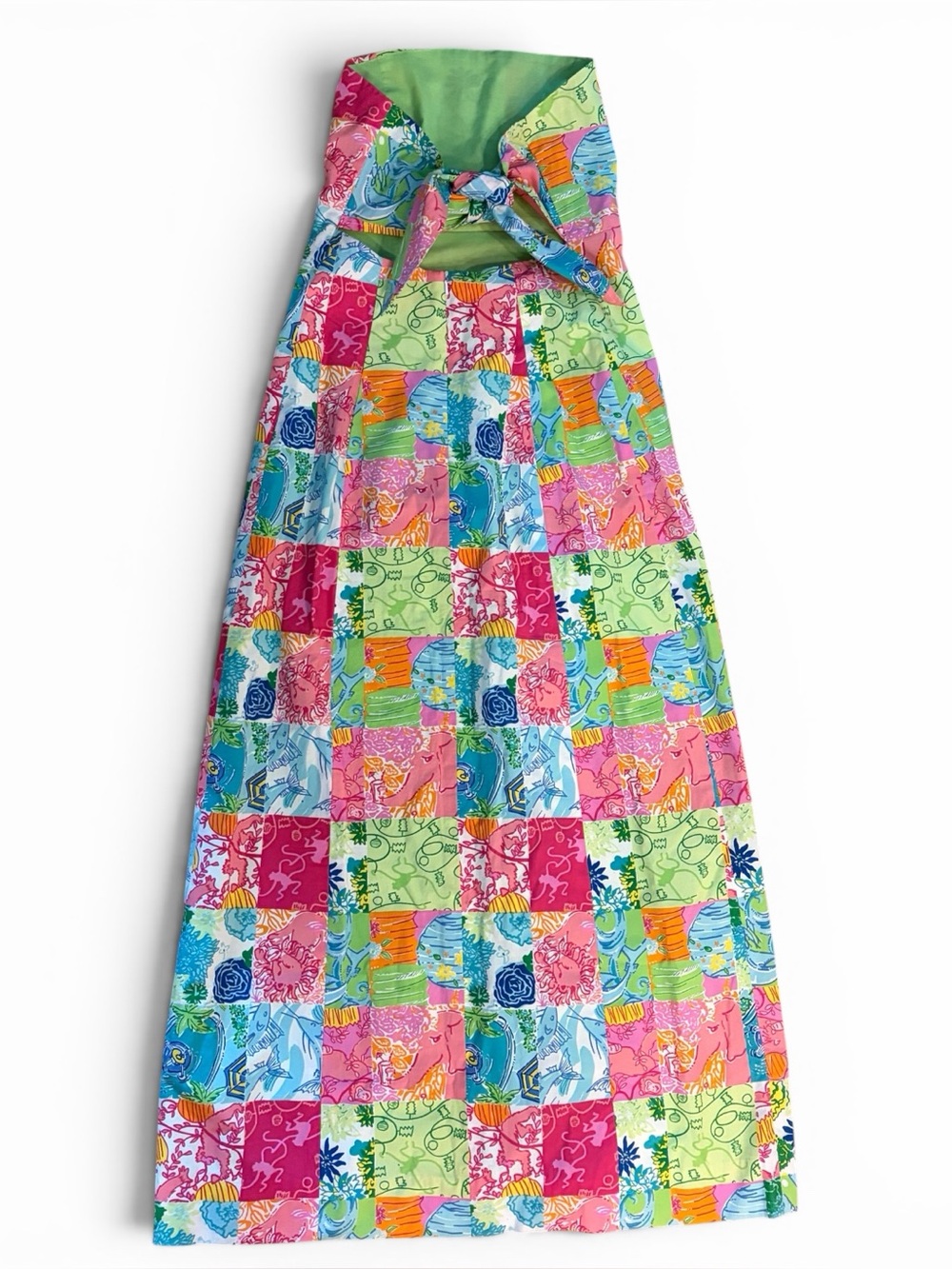 Vintage Lilly Pulitzer Strapless Maxi Dress Patchwork Print Tie Back Size 12 - Picture 2 of 7